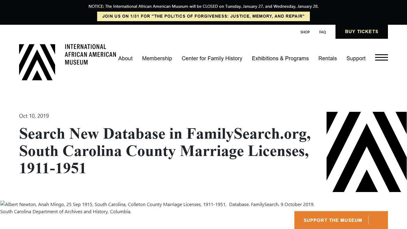 Search New Database in FamilySearch.org, South Carolina County Marriage Licenses, 1911-1951 - International African American Museum