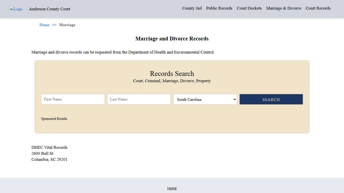Marriage and Divorce Records Anderson County Court SC